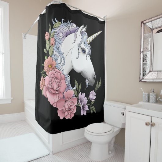 Witte Eenhoorn Bloemen Roze Zwart Douchegordijn (In situ)