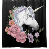Witte Eenhoorn Bloemen Roze Zwart Douchegordijn (Voorkant)