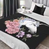 Witte Eenhoorn Bloemen Roze Zwart Fleece Deken