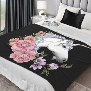 Witte Eenhoorn Bloemen Roze Zwart Fleece Deken