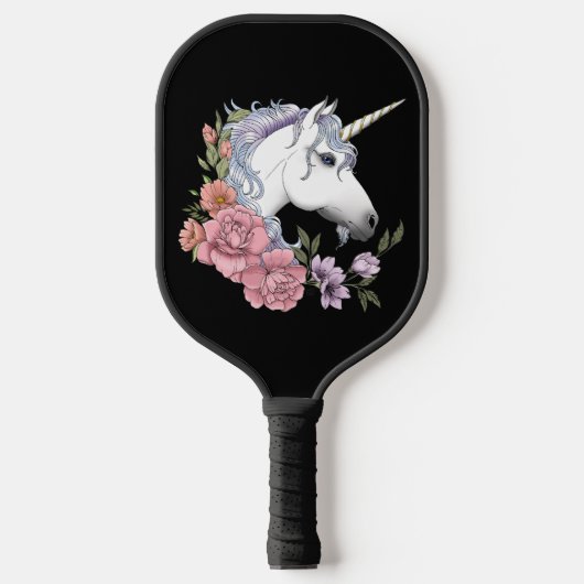 Witte Eenhoorn Bloemen Roze Zwart Pickleball Paddle (Voorkant)