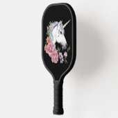 Witte Eenhoorn Bloemen Roze Zwart Pickleball Paddle (Links)
