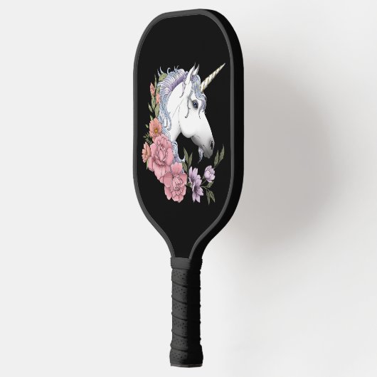 Witte Eenhoorn Bloemen Roze Zwart Pickleball Paddle (Links)