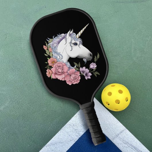 Witte Eenhoorn Bloemen Roze Zwart Pickleball Paddle