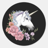 Witte Eenhoorn Bloemen Roze zwart Ronde Sticker (Voorkant)