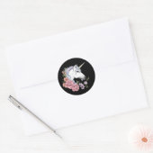 Witte Eenhoorn Bloemen Roze zwart Ronde Sticker (Envelop)