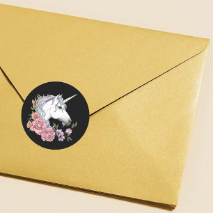 Witte Eenhoorn Bloemen Roze zwart Ronde Sticker