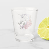 Witte Eenhoorn Bloemen Roze Zwart Shot Glas (Achterkant)