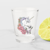 Witte Eenhoorn Bloemen Roze Zwart Shot Glas (Voorkant)