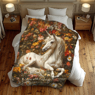 Witte Eenhoorn Bloemenweide Fantasy Paard Fleece Deken