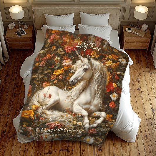 Witte Eenhoorn Bloemenweide Fantasy Paard Fleece Deken