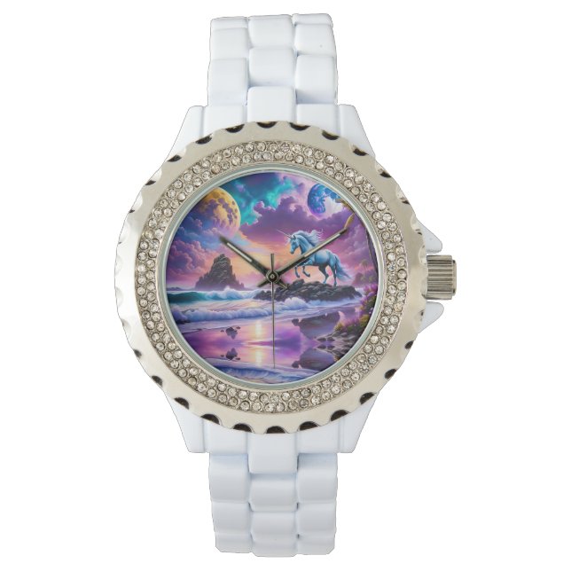 Witte eenhoorn fantasie tropisch strand horloge (Voorkant)