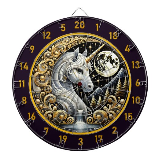 Witte eenhoorn gloeit in maanverlichte elegantie dartbord (Voorkant)