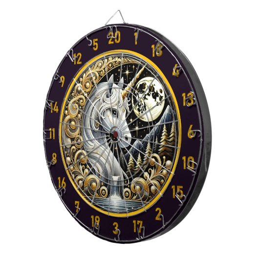 Witte eenhoorn gloeit in maanverlichte elegantie dartbord (Voorkant Rechts)