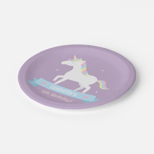 Witte Eenhoorn Meisjes Verjaardag Paarse Party Bor Papieren Bordje (Gekanteld)