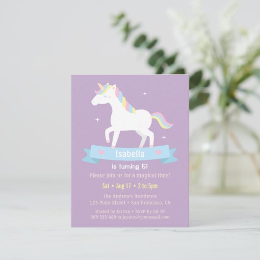 Witte Eenhoorn Meisjes Verjaardagsfeestuitnodiging Kaart (Staand voorkant)