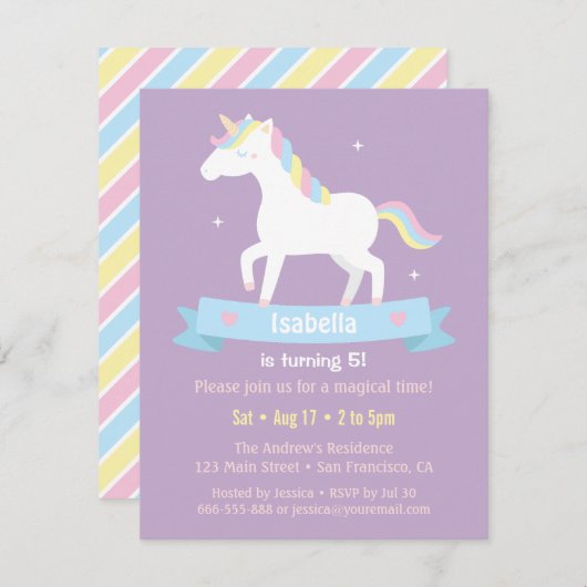 Witte Eenhoorn Meisjes Verjaardagsfeestuitnodiging Kaart (Voorkant / Achterkant)