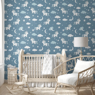 Witte eenhoorn op blauwe Baby kwekerij Behang