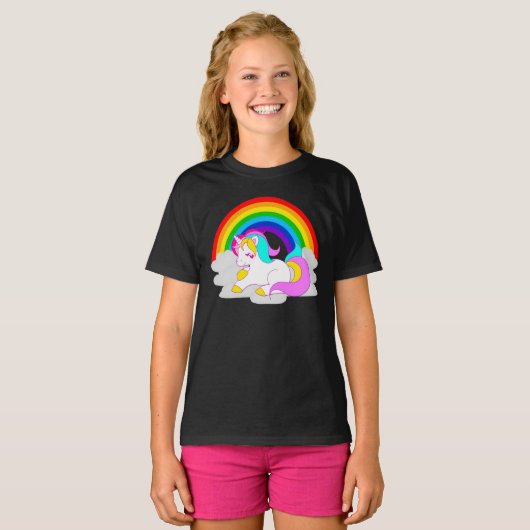 Witte Eenhoorn op Cloud Rainbow Girls' Dark T-Shir T-shirt (Voorkant volledig)