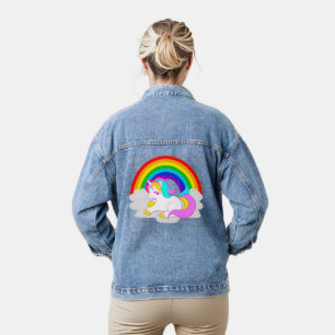 Witte Eenhoorn op Cloud Rainbow Vrouwen Denim Jacket