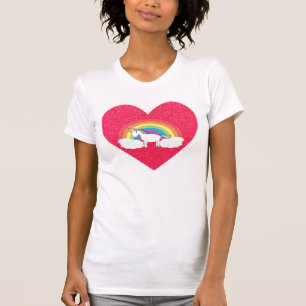 Witte eenhoorn op regenboog en wolken roze glitter t-shirt