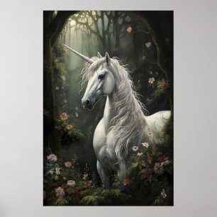 Witte eenhoorn paard in diepe bloemen bos print