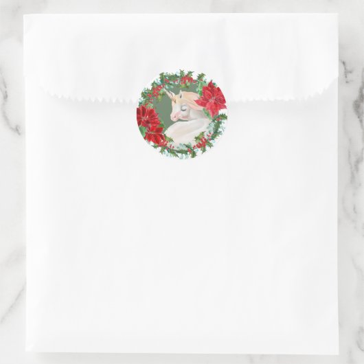 Witte eenhoorn Poinsettia Holly vakantiekrans Ronde Sticker (Tas)