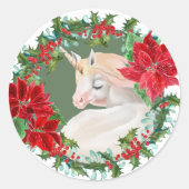 Witte eenhoorn Poinsettia Holly vakantiekrans Ronde Sticker (Voorkant)