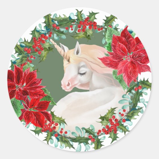 Witte eenhoorn Poinsettia Holly vakantiekrans Ronde Sticker (Voorkant)