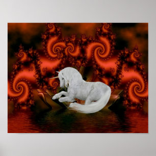 Witte Eenhoorn Red Fractals Fantasy Horse Art Poster