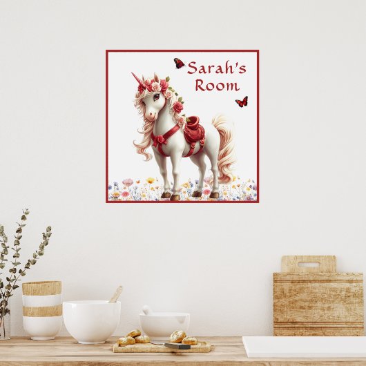 Witte Eenhoorn Rode Zadelrozen Rode Vlinders Poster (Keuken)