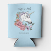 witte eenhoorn roze bloemen blauw blikjeskoeler (Voorkant)