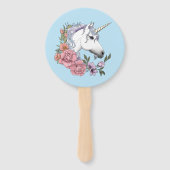 witte eenhoorn roze bloemen blauw handwaaier (Voorkant)