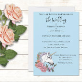 Witte eenhoorn roze bloemen blauw kaart