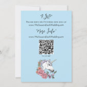 Witte eenhoorn roze bloemen blauw kaart (Achterkant)