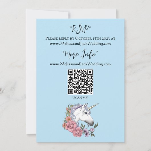 Witte eenhoorn roze bloemen blauw kaart (Achterkant)