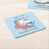 Witte eenhoorn roze bloemen blauw kartonnen onderzetters (Schuin)