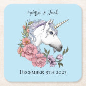 Witte eenhoorn roze bloemen blauw kartonnen onderzetters (Voorkant)