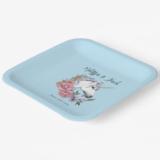 Witte eenhoorn roze bloemen blauw papieren bordje (Gebogen)