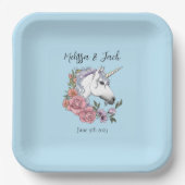 Witte eenhoorn roze bloemen blauw papieren bordje (Voorkant)