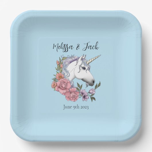 Witte eenhoorn roze bloemen blauw papieren bordje (Voorkant)