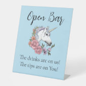 Witte eenhoorn roze bloemen blauw reclamebord met voetstuk (Voorkant)