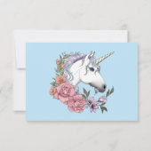 Witte eenhoorn roze bloemen blauw RSVP kaartje (Achterkant)