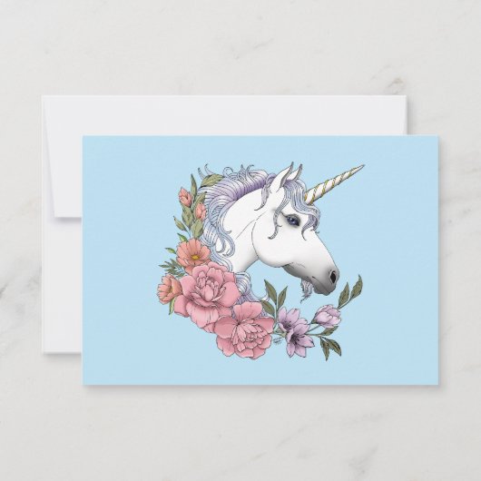 Witte eenhoorn roze bloemen blauw RSVP kaartje (Achterkant)