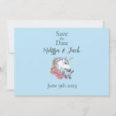 Witte eenhoorn roze bloemen blauw save the date (Voorkant)