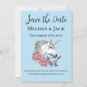 Witte eenhoorn roze bloemen blauw save the date (Voorkant)