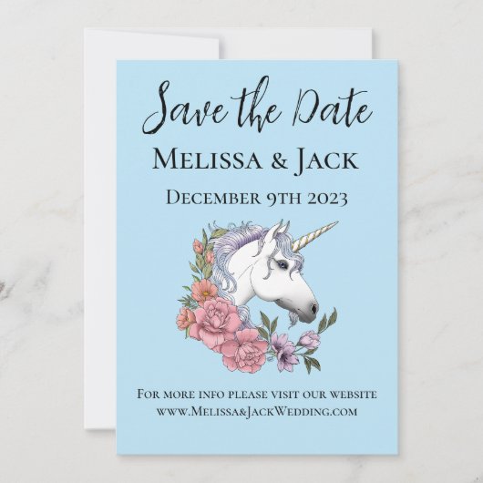 Witte eenhoorn roze bloemen blauw save the date (Voorkant)