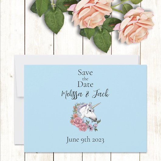 Witte eenhoorn roze bloemen blauw save the date
