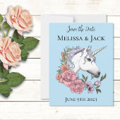 Witte eenhoorn roze bloemen blauw save the date