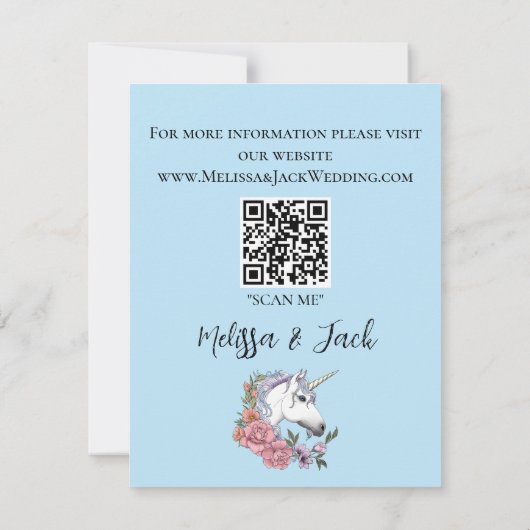 Witte eenhoorn roze bloemen blauw save the date (Achterkant)